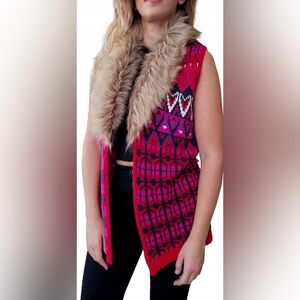L.O.G.G. H&M Faux Fur Trimmed Pink, black and Red Knit Open Vest Size S